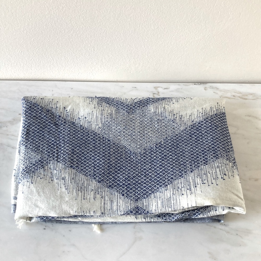 Geometric patterned cotton scarf, cream and blue